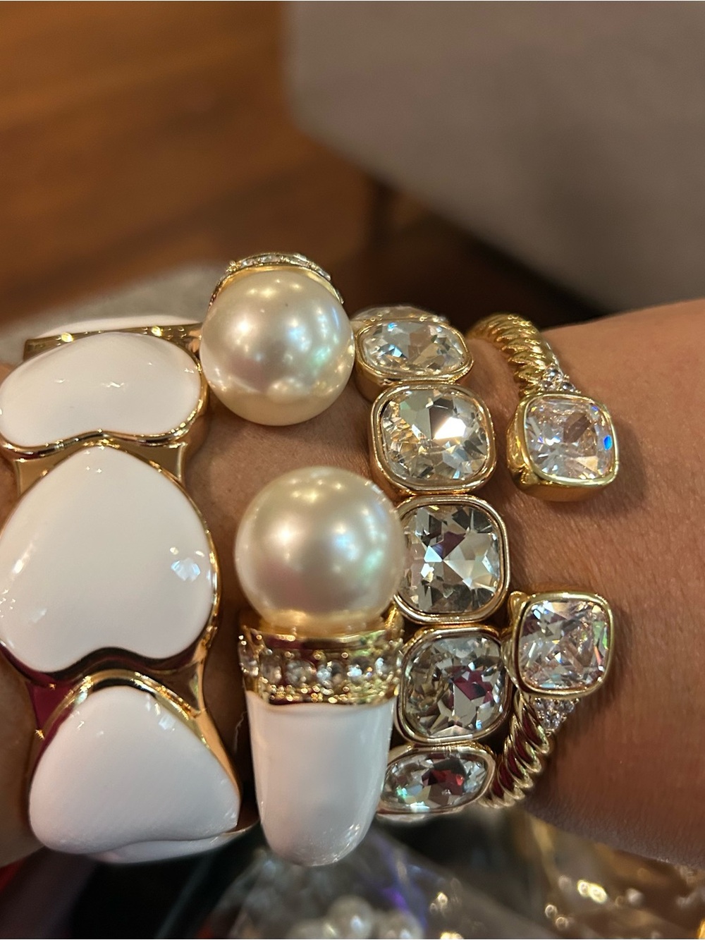 Gold Pearl and Crystal Stackable Bracelet Set - White Pearls & Clear Crystals